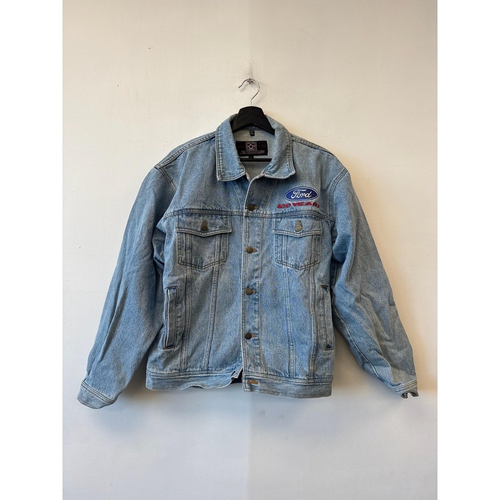 Vintage Ford Jacket Mens Large Blue‎ Denim 100 Years JH Design Embroidered Back